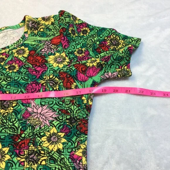 LuLaRoe Amelia Fit & Flare Dress Size L Womans Green Floral Short Sleeve Pleated - Picture 11 of 13